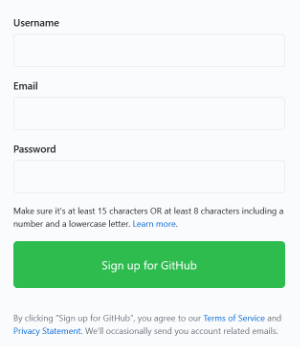 GitHub sign up form with prominent call to action button.